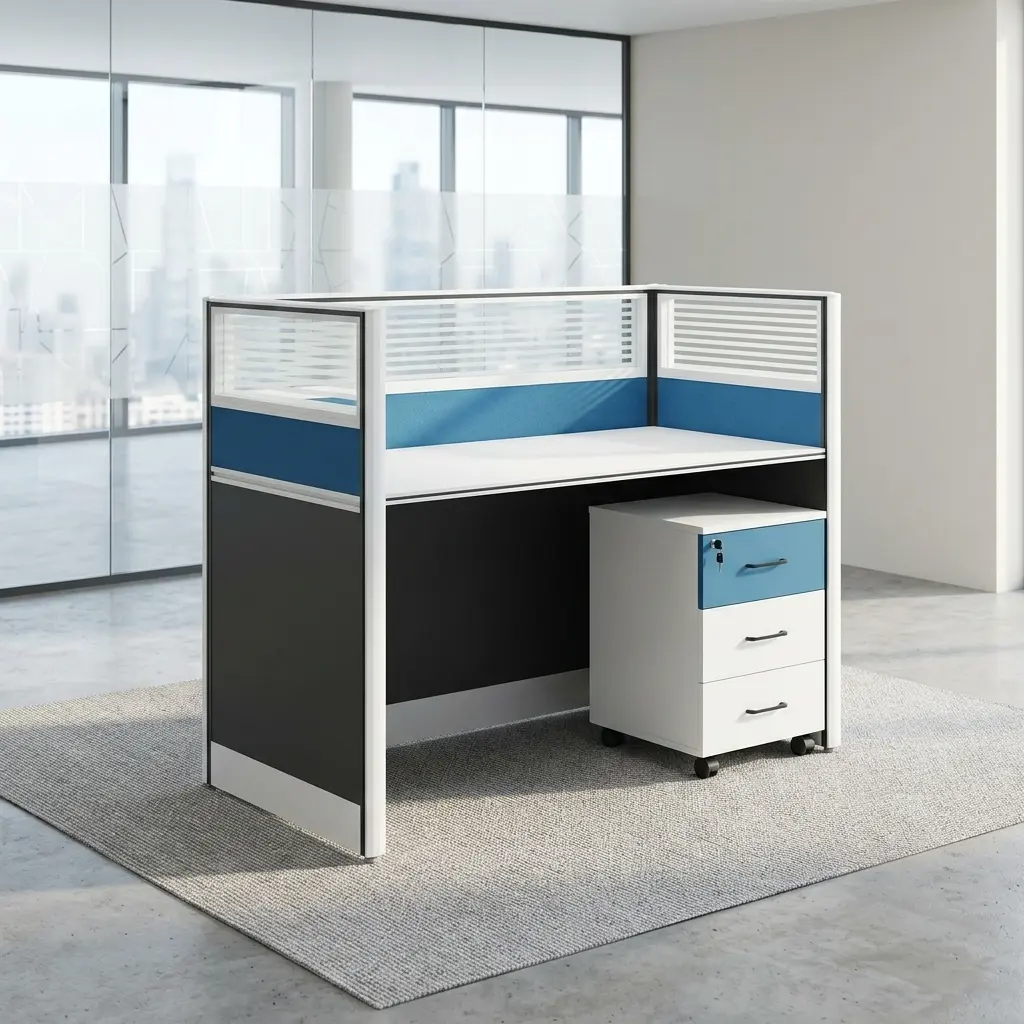 Single Person Office Cubicle With Frosted Partitions, Spacious Desk, And Lockable Mobile Pedestal Drawer