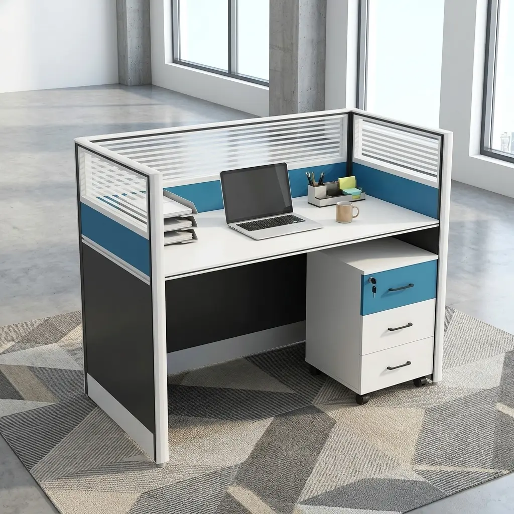Single Person Office Cubicle With Frosted Partitions, Spacious Desk, And Lockable Mobile Pedestal Drawer