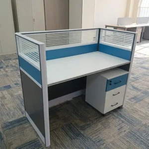 Single Person Office Cubicle with frosted partitions, spacious desk, and lockable mobile pedestal drawer