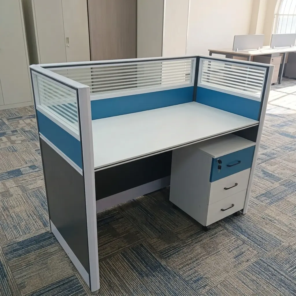 Single Person Office Cubicle With Frosted Partitions, Spacious Desk, And Lockable Mobile Pedestal Drawer