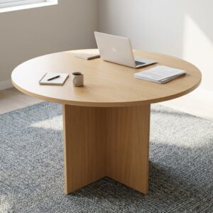 1m Circular Conference Table with wooden finish and modern cross base design