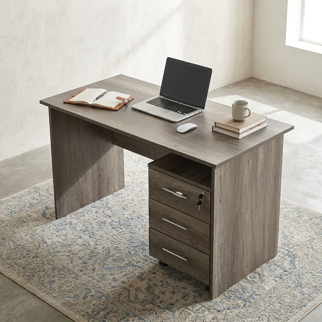 Mobile Drawers 1.2M Desk With Rolling 3-Drawer Pedestal And Modern Wooden Office Finish