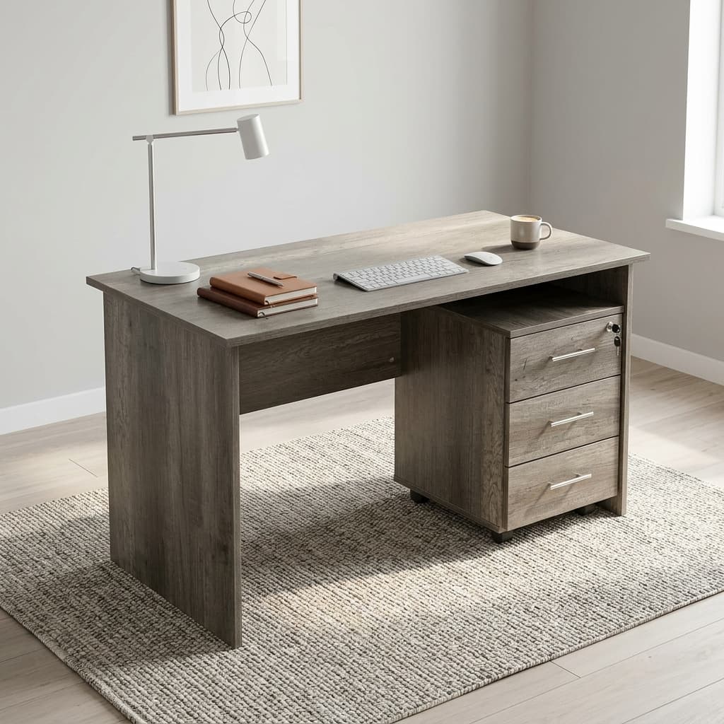 Mobile Drawers 1.2M Desk With Rolling 3-Drawer Pedestal And Modern Wooden Office Finish