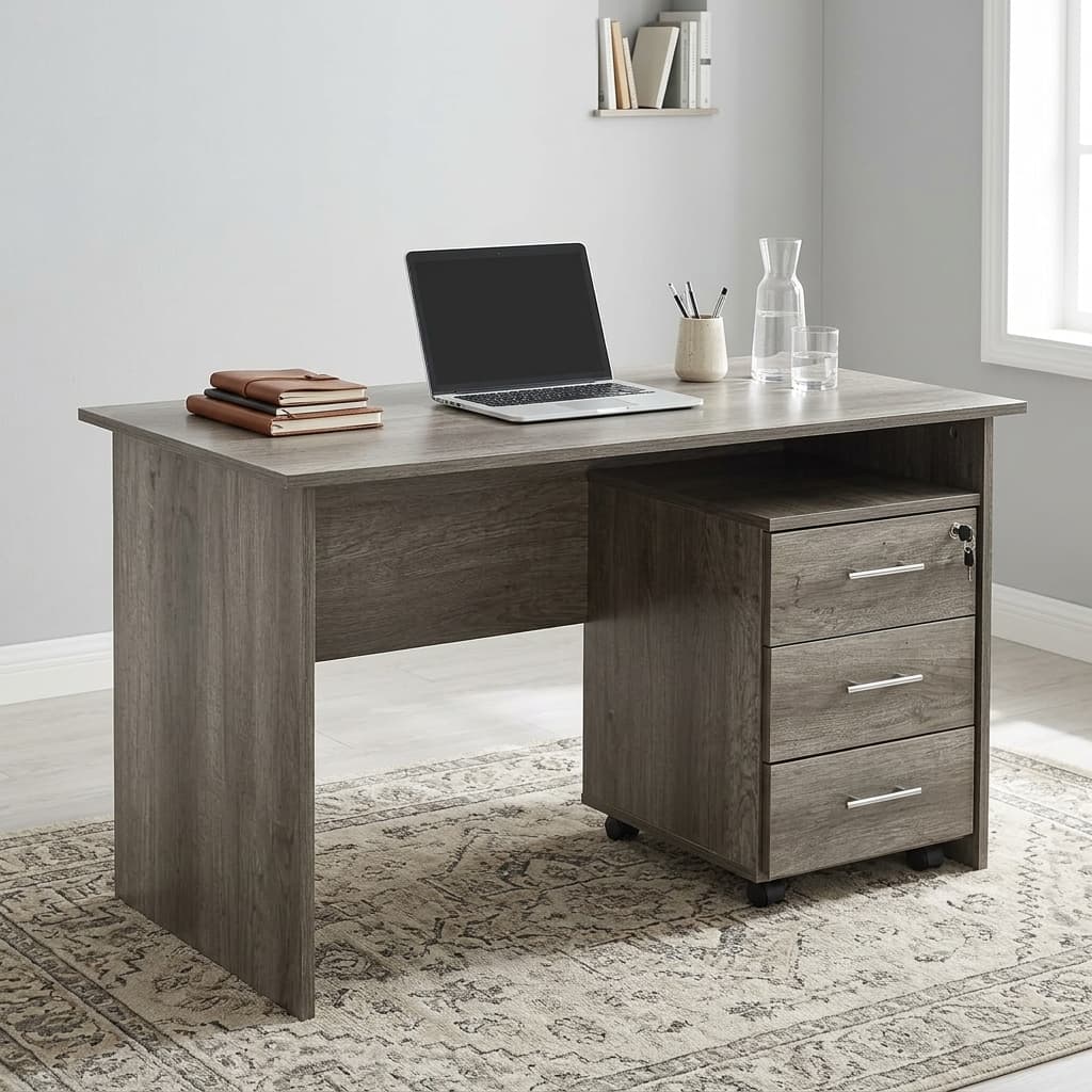 Mobile Drawers 1.2M Desk With Rolling 3-Drawer Pedestal And Modern Wooden Office Finish