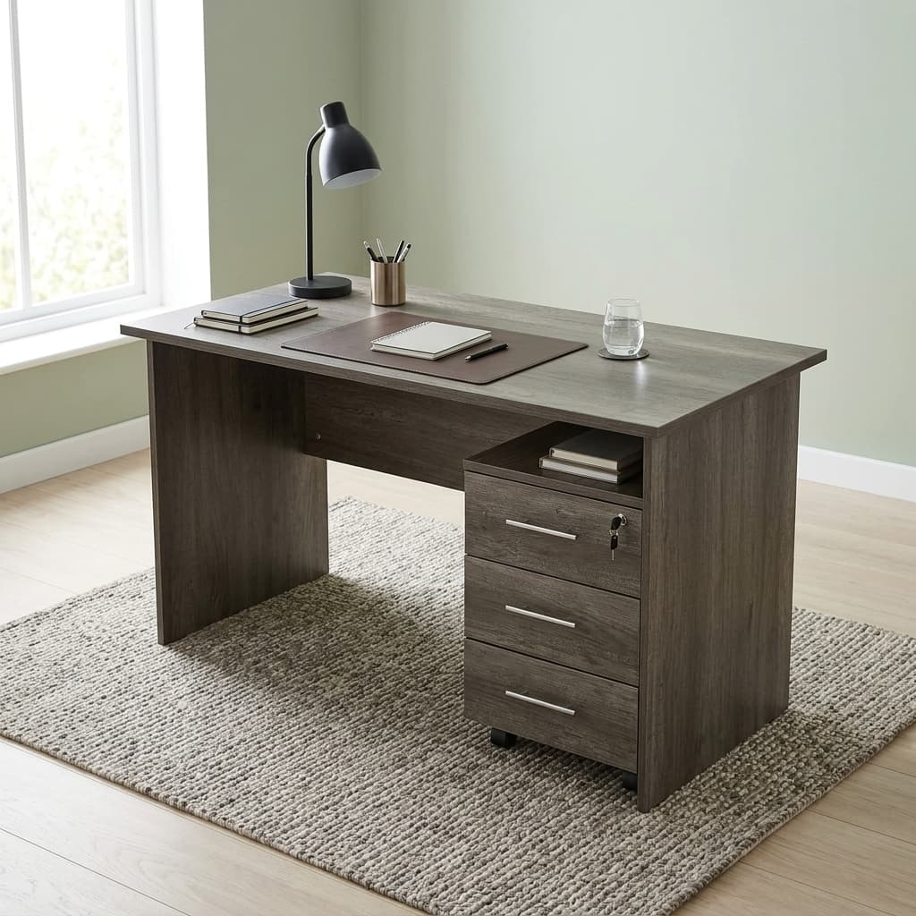 Mobile Drawers 1.2M Desk With Rolling 3-Drawer Pedestal And Modern Wooden Office Finish