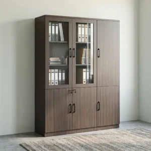 Executive Display & Filing Unit with glass display shelves and lockable wooden storage cabinets