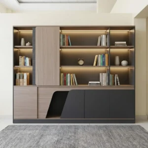 Executive Two-Tone Wall Unit with ambient lighting, open shelving, sliding panel storage, and modern office organization design