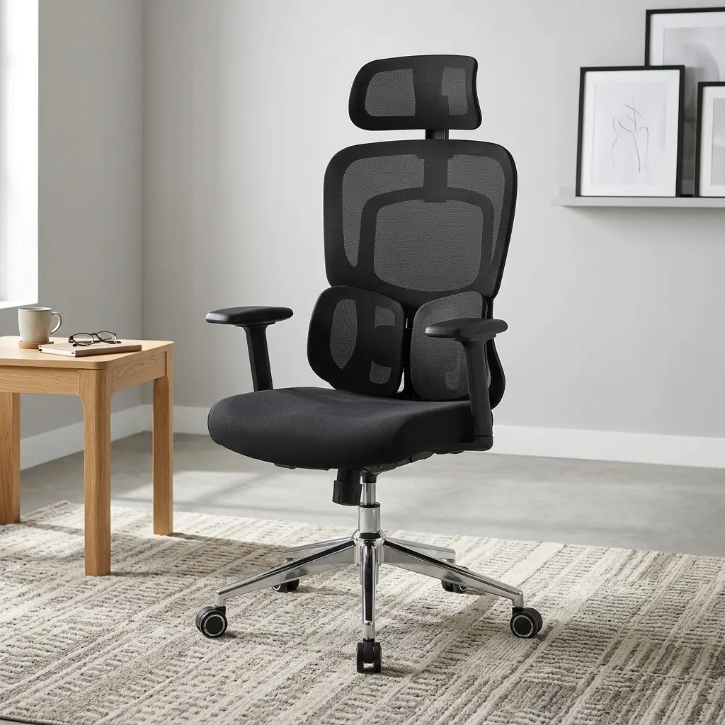 Executive Lumbar Support Chair with adjustable headrest, breathable mesh backrest, lumbar support, and chrome office chair base