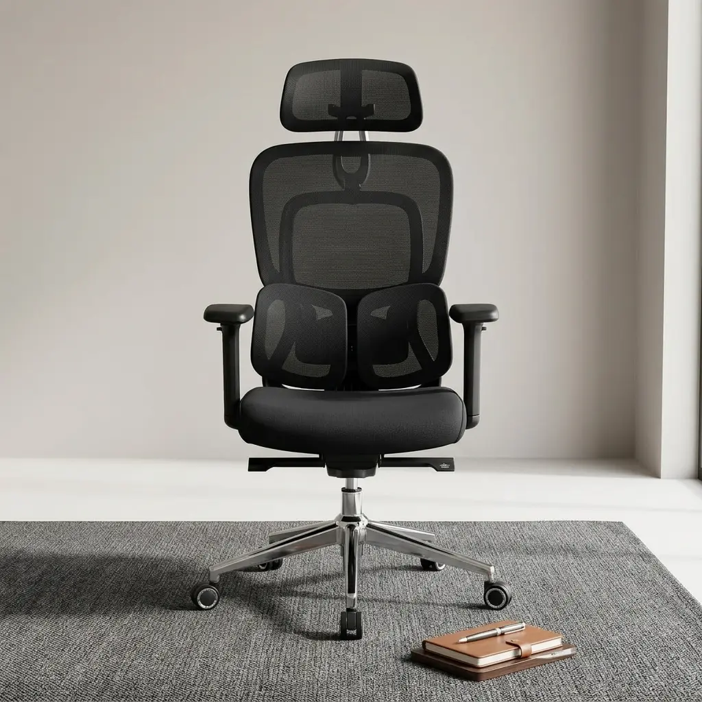 Executive Lumbar Support Chair with adjustable headrest, breathable mesh backrest, lumbar support, and chrome office chair base