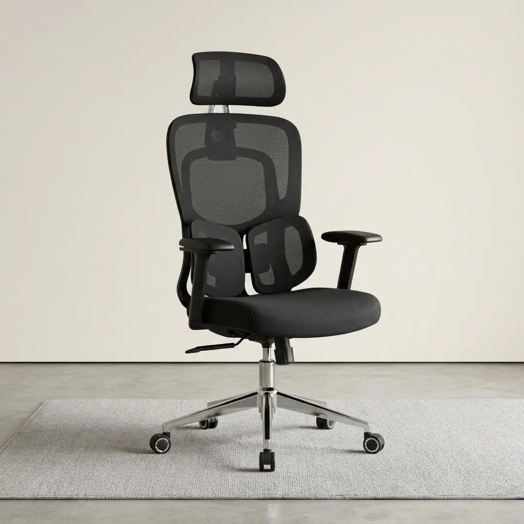 Executive Lumbar Support Chair with adjustable headrest, breathable mesh backrest, lumbar support, and chrome office chair base