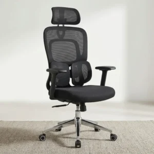 Executive Lumbar Support Chair with adjustable headrest, breathable mesh backrest, lumbar support, and chrome office chair base