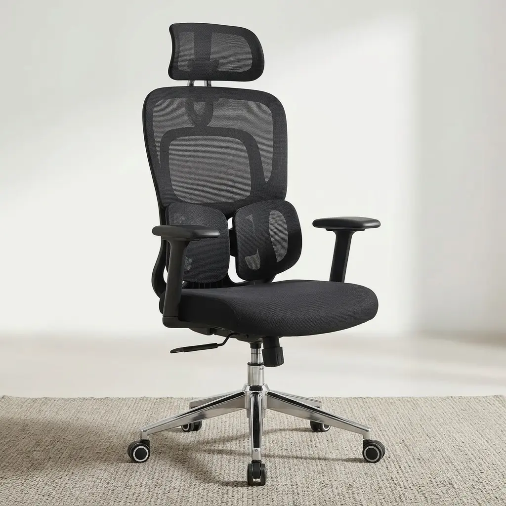 Executive Lumbar Support Chair with adjustable headrest, breathable mesh backrest, lumbar support, and chrome office chair base