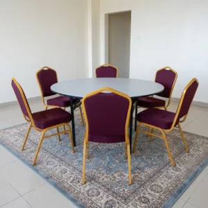 Round Conference Table Set with 1.5m folding table and 6 heavy-duty stackable conference chairs for meetings and events