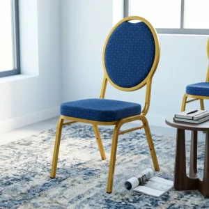 Ergonomic Blue Conference Chair with padded banquet seating, gold metallic frame, and stackable conference chair design