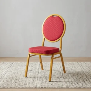 Ergonomic Red Conference Chair with padded banquet seating, gold metallic frame, and stackable conference chair design