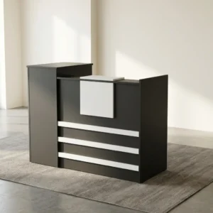 Executive 1.4m Front Desk with modern reception counter, lockable storage drawers, and professional black-and-white office design