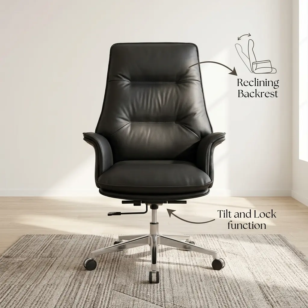 Luxury High-Back Boss Chair With Reclining Backrest, Tilt And Lock Function, Premium Leather Upholstery, And Executive Office Seating Design