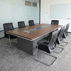 Modern 2.4M Conference Set with executive meeting table, cable management ports, and ergonomic cantilever visitor chairs for professional boardrooms