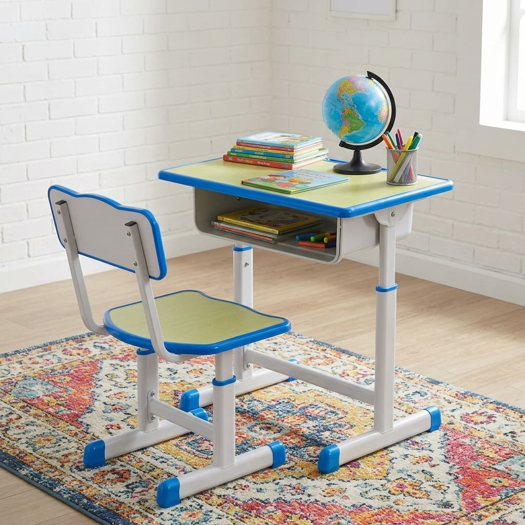 Vibrant Ergonomic School Desk With Colorful Student Chair, Built-In Storage Compartment, And Durable Classroom Study Table Design