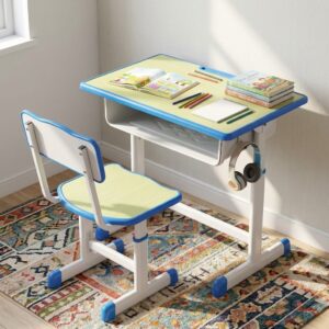 Vibrant Ergonomic School Desk with colorful student chair, built-in storage compartment, and durable classroom study table design
