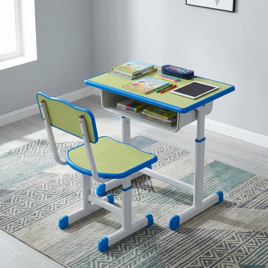 Vibrant Ergonomic School Desk With Colorful Student Chair, Built-In Storage Compartment, And Durable Classroom Study Table Design