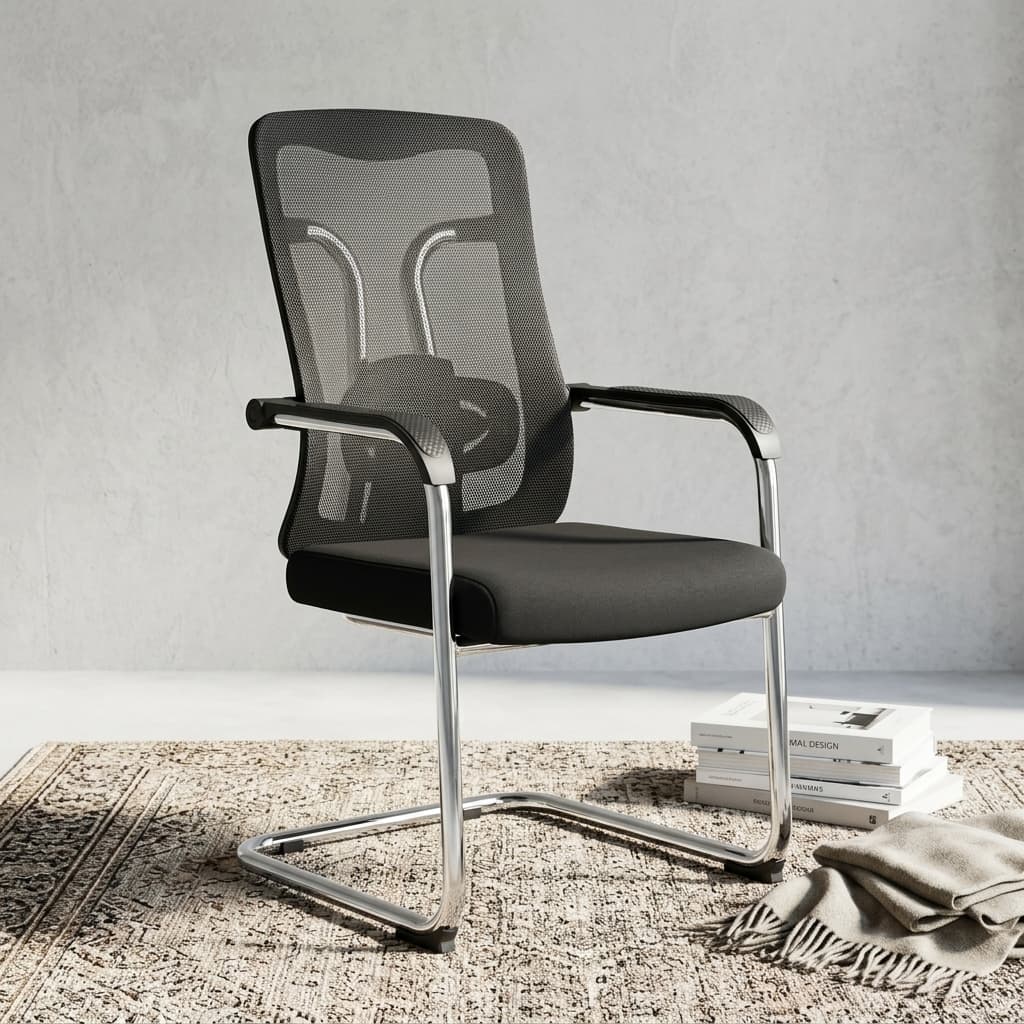 Chrome Sled-Base Office Chair With Breathable Mesh Backrest, Cushioned Seat, And Modern Chrome Visitor Chair Frame