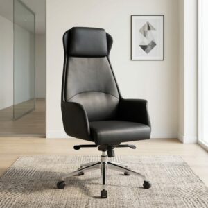 High-Back Ergonomic Swivel Chair with reclining function, padded executive seating, and chrome swivel base for modern office spaces
