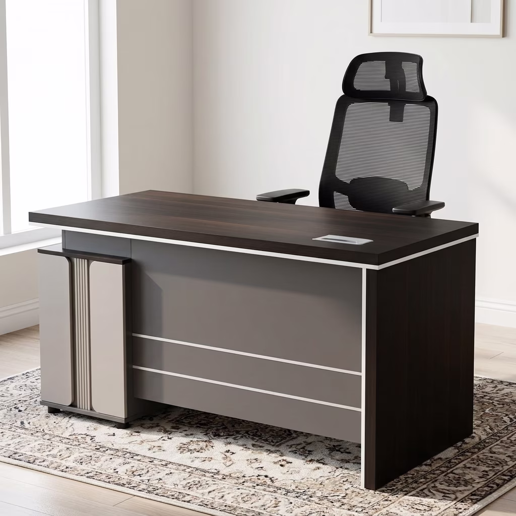 1.2M Executive Desk Set With Integrated Drawers And Ergonomic Mesh Office Chair Featuring Adjustable Lumbar Support And Reclining Backrest