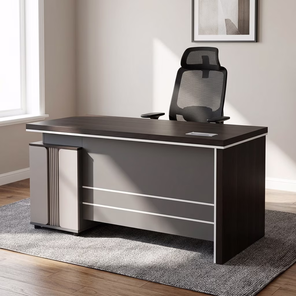 1.2M Executive Desk Set With Integrated Drawers And Ergonomic Mesh Office Chair Featuring Adjustable Lumbar Support And Reclining Backrest