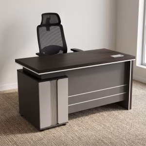 1.2M Executive Desk Set with integrated drawers and ergonomic mesh office chair featuring adjustable lumbar support and reclining backrest