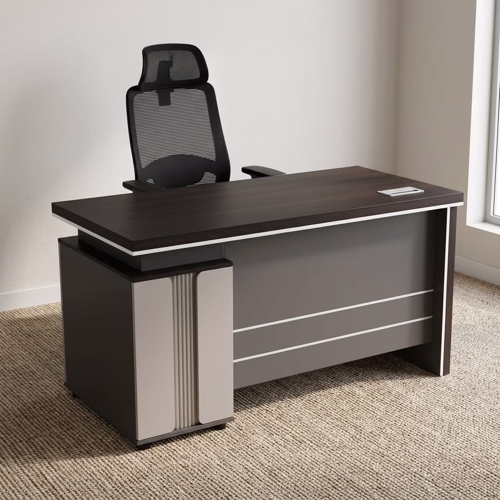 1.2M Executive Desk Set With Integrated Drawers And Ergonomic Mesh Office Chair Featuring Adjustable Lumbar Support And Reclining Backrest