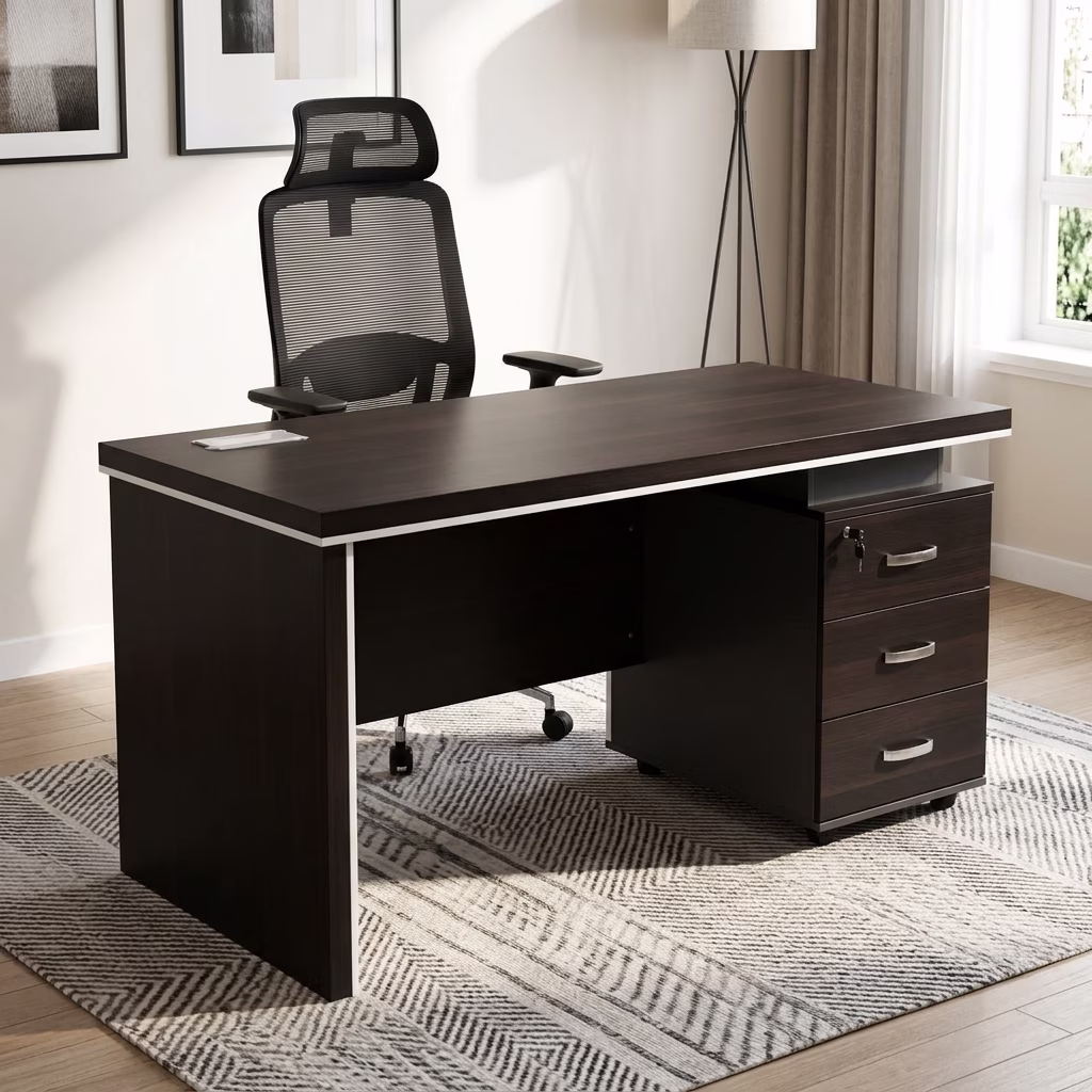 1.2M Executive Desk Set With Integrated Drawers And Ergonomic Mesh Office Chair Featuring Adjustable Lumbar Support And Reclining Backrest