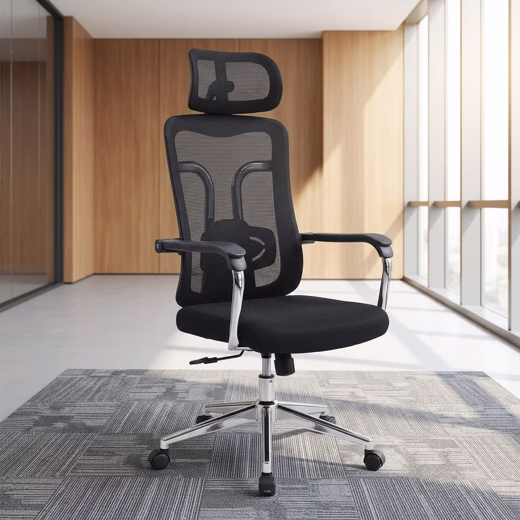 Executive Mesh Task Chair With Adjustable Headrest, Rocking Function, Breathable Mesh Backrest, And Chrome Office Chair Base