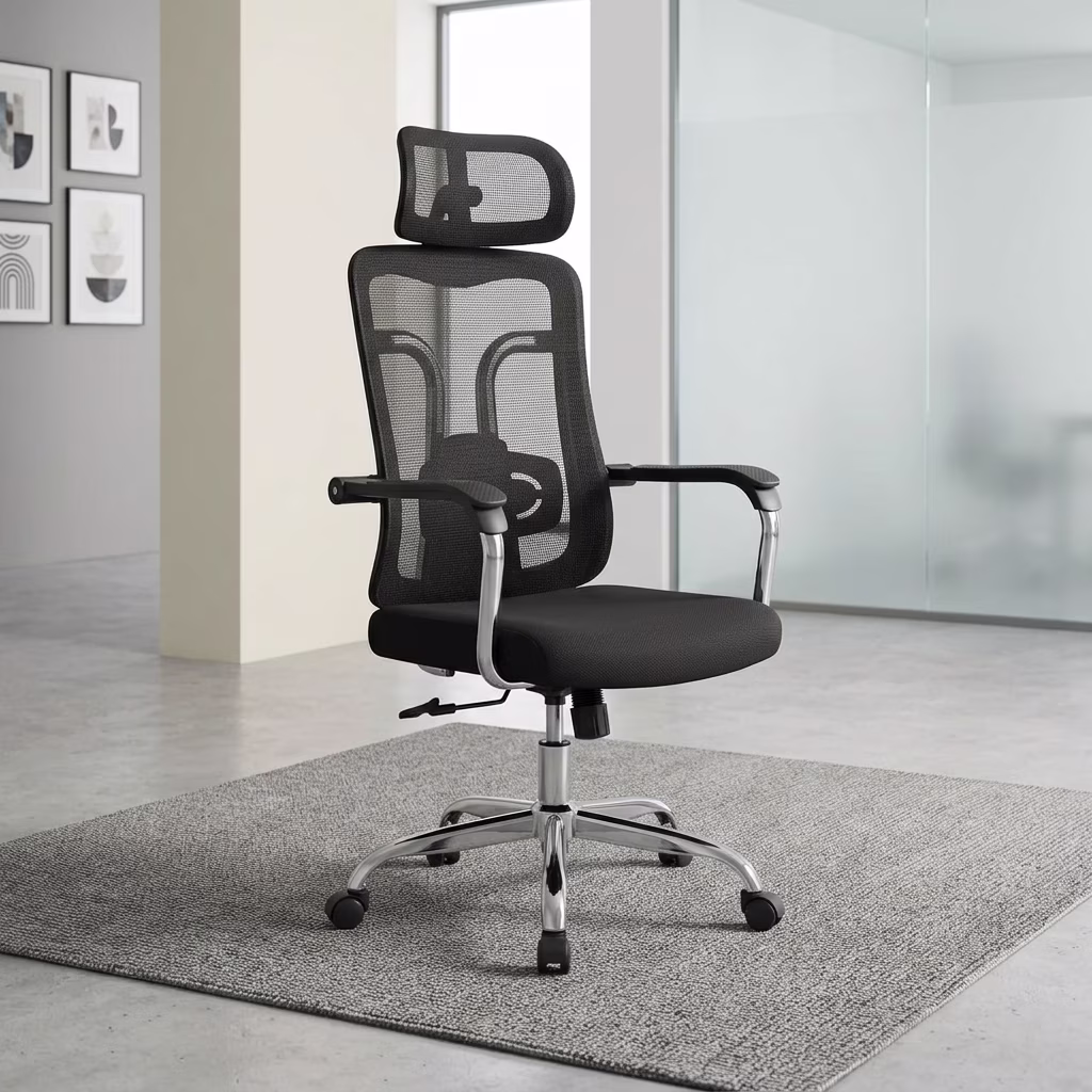 Executive Mesh Task Chair With Adjustable Headrest, Rocking Function, Breathable Mesh Backrest, And Chrome Office Chair Base