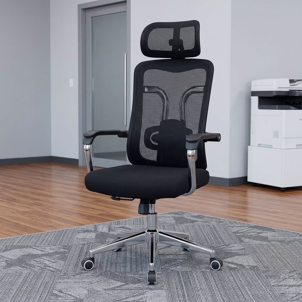 Executive Mesh Task Chair With Adjustable Headrest, Rocking Function, Breathable Mesh Backrest, And Chrome Office Chair Base