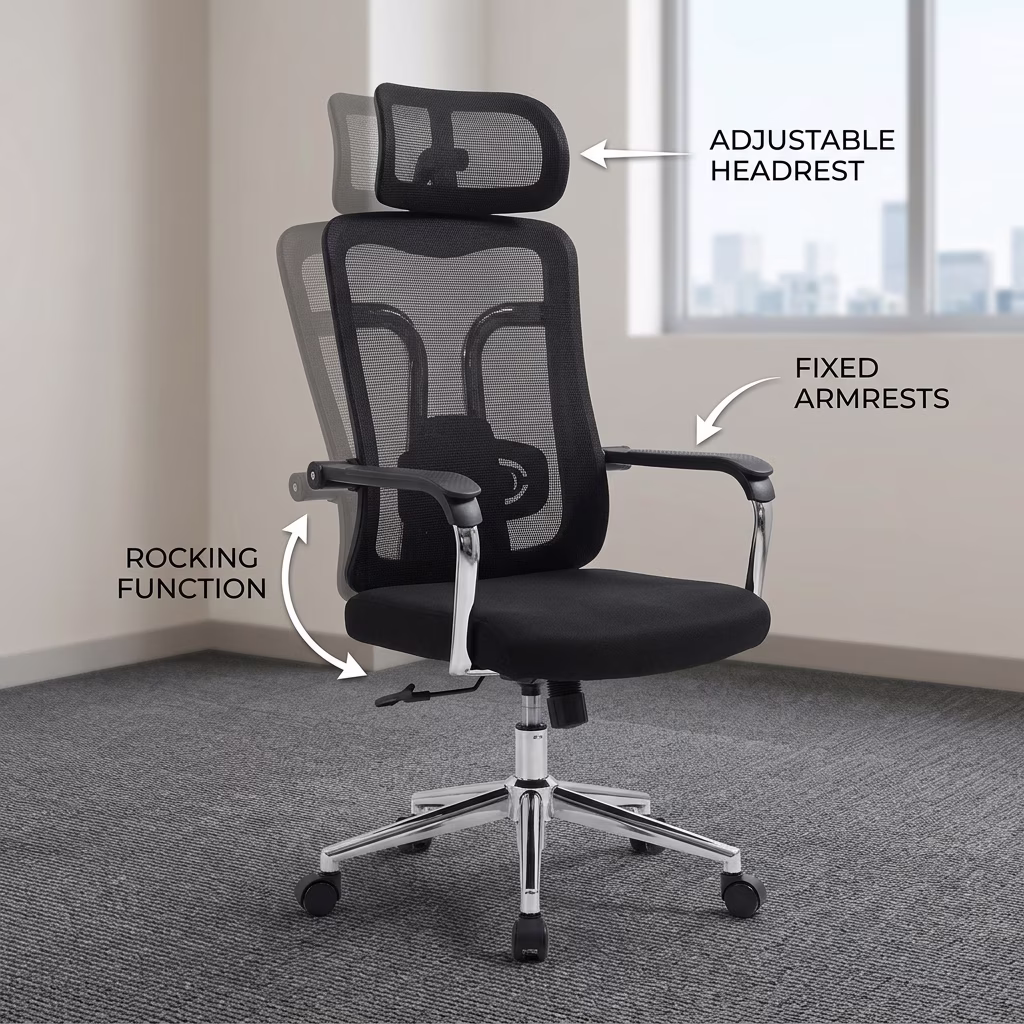 Executive Mesh Task Chair With Adjustable Headrest, Rocking Function, Breathable Mesh Backrest, And Chrome Office Chair Base
