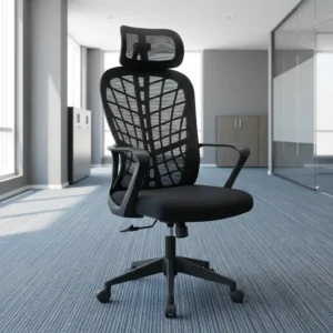 Black Mesh Desk Chair with ergonomic mesh backrest, supportive headrest, reclining function, and swivel office base