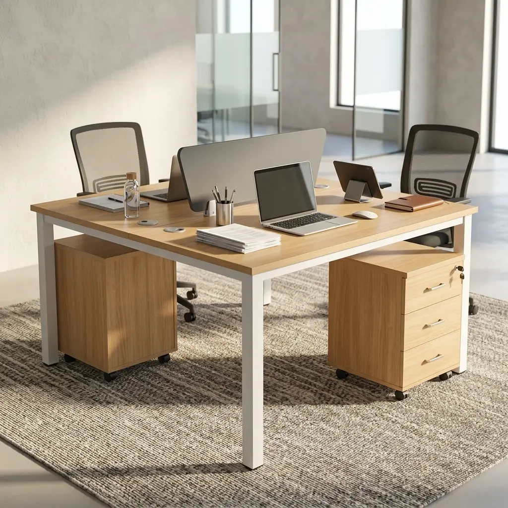 Modular Double Desk Set With Dual-User Workstation Design, Mobile Drawer Pedestals, Privacy Divider Panel, And Modern Office Table Finish