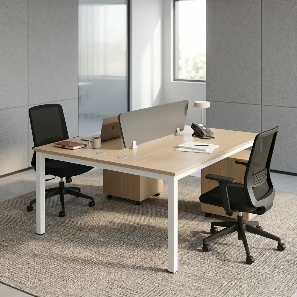 Modular Double Desk Set With Dual-User Workstation Design, Mobile Drawer Pedestals, Privacy Divider Panel, And Modern Office Table Finish