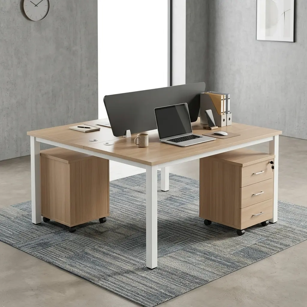 Modular Double Desk Set With Dual-User Workstation Design, Mobile Drawer Pedestals, Privacy Divider Panel, And Modern Office Table Finish