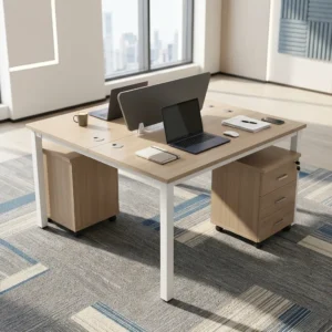 Modular Double Desk Set with dual-user workstation design, mobile drawer pedestals, privacy divider panel, and modern office table finish