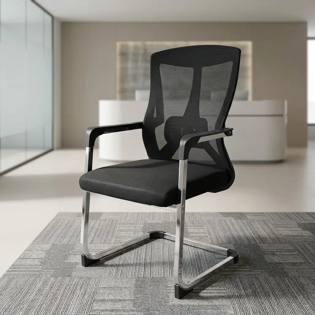 Ergonomic Boardroom Guest Chair With Breathable Mesh Back And Chrome Sled Base For Executive Office Meeting Spaces