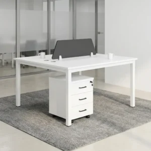 White 2-Person Office Workstation with divider panel and mobile pedestal drawers for modern shared office spaces