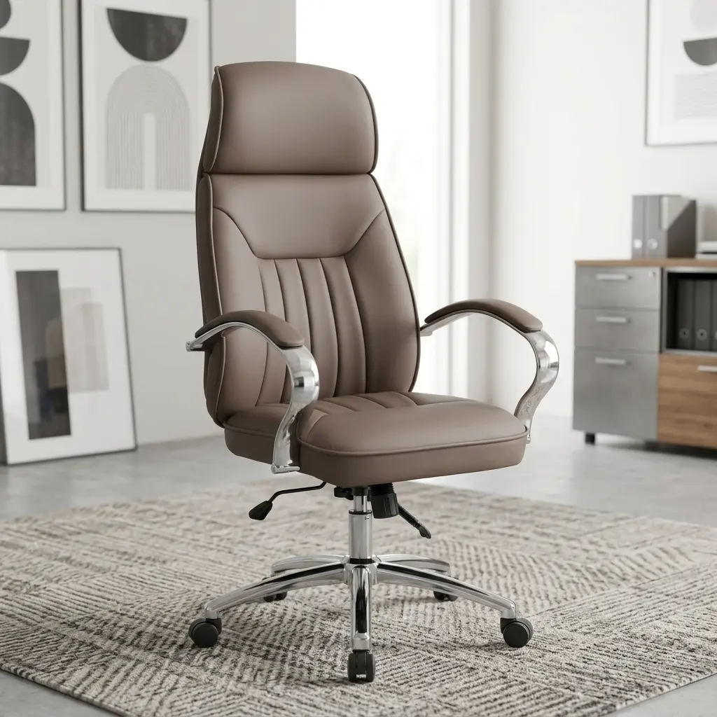 Brown Leather Boardroom Chair With Ergonomic High-Back Design, Chrome Armrests, And Swivel Base For Executive Office Seating