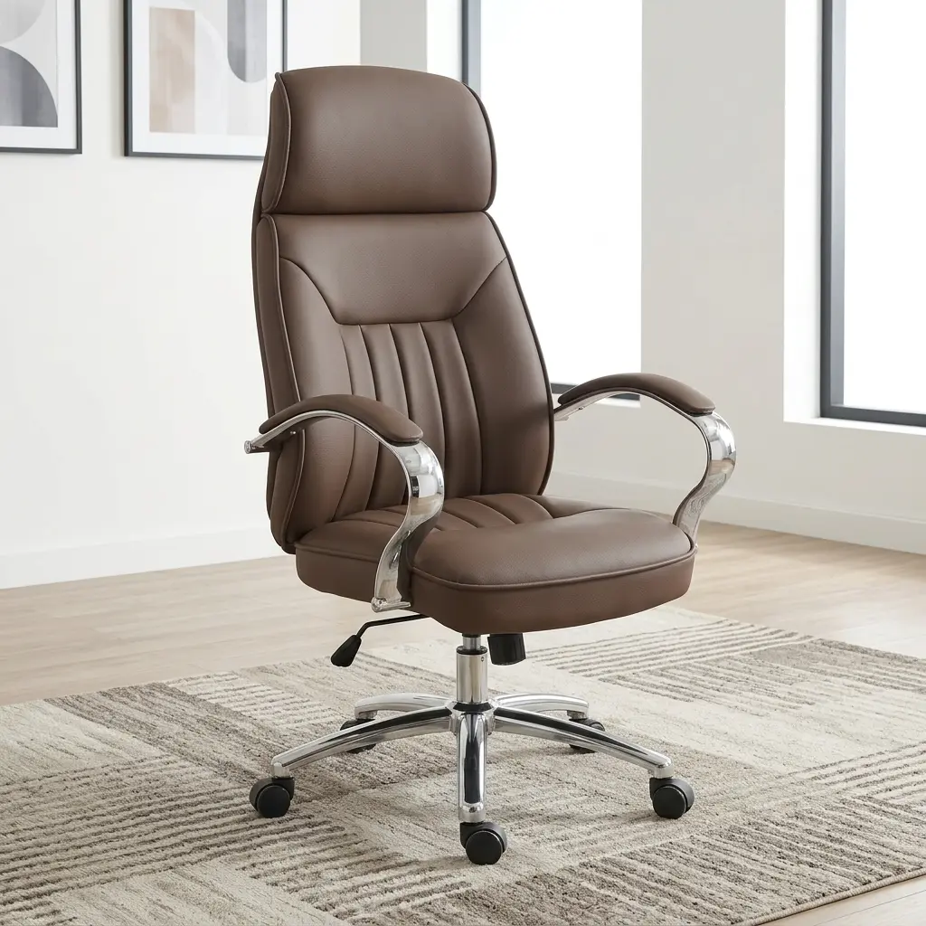 Brown Leather Boardroom Chair With Ergonomic High-Back Design, Chrome Armrests, And Swivel Base For Executive Office Seating