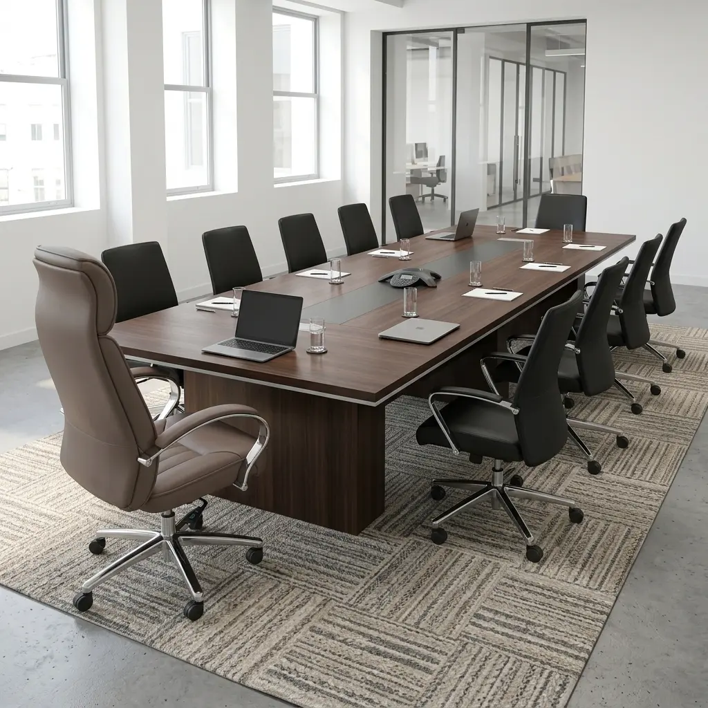 Brown Leather Boardroom Chair With Ergonomic High-Back Design, Chrome Armrests, And Swivel Base For Executive Office Seating