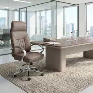 Brown Leather Boardroom Chair with ergonomic high-back design, chrome armrests, and swivel base for executive office seating
