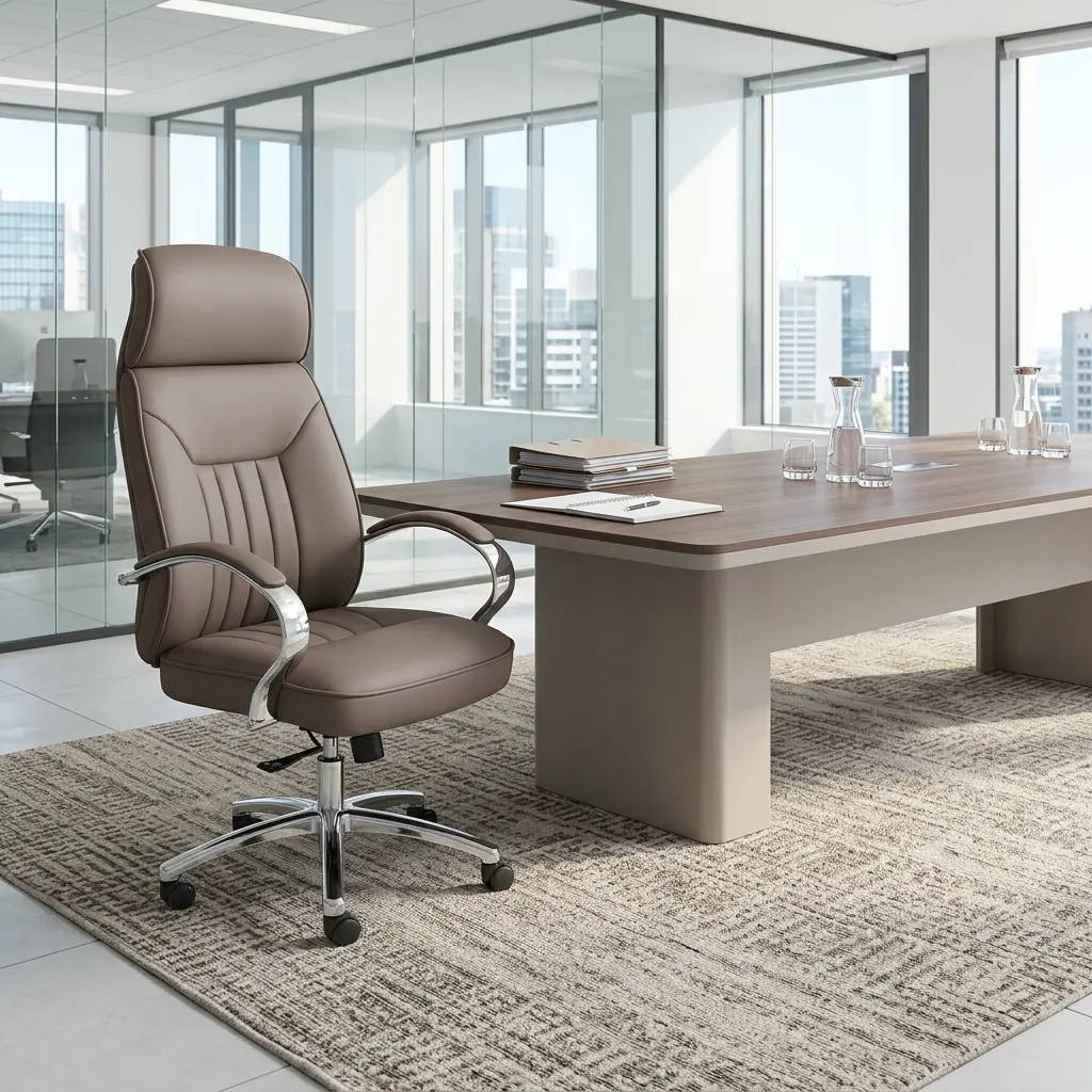 Brown Leather Boardroom Chair With Ergonomic High-Back Design, Chrome Armrests, And Swivel Base For Executive Office Seating