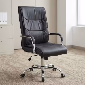 A high-back Swivel Leather Boardroom Chair in black leather with a polished chrome base resting on a beige carpeted office floor.