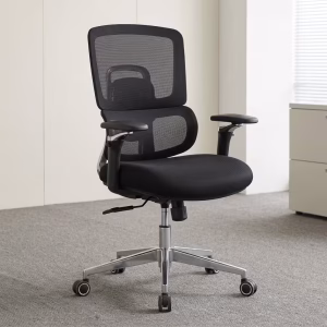 A black 4D Armrest Ergonomic Mesh Chair displaying labels for its height-adjustable backrest, adjustable seat slider, and multi-directional 4D armrests.
